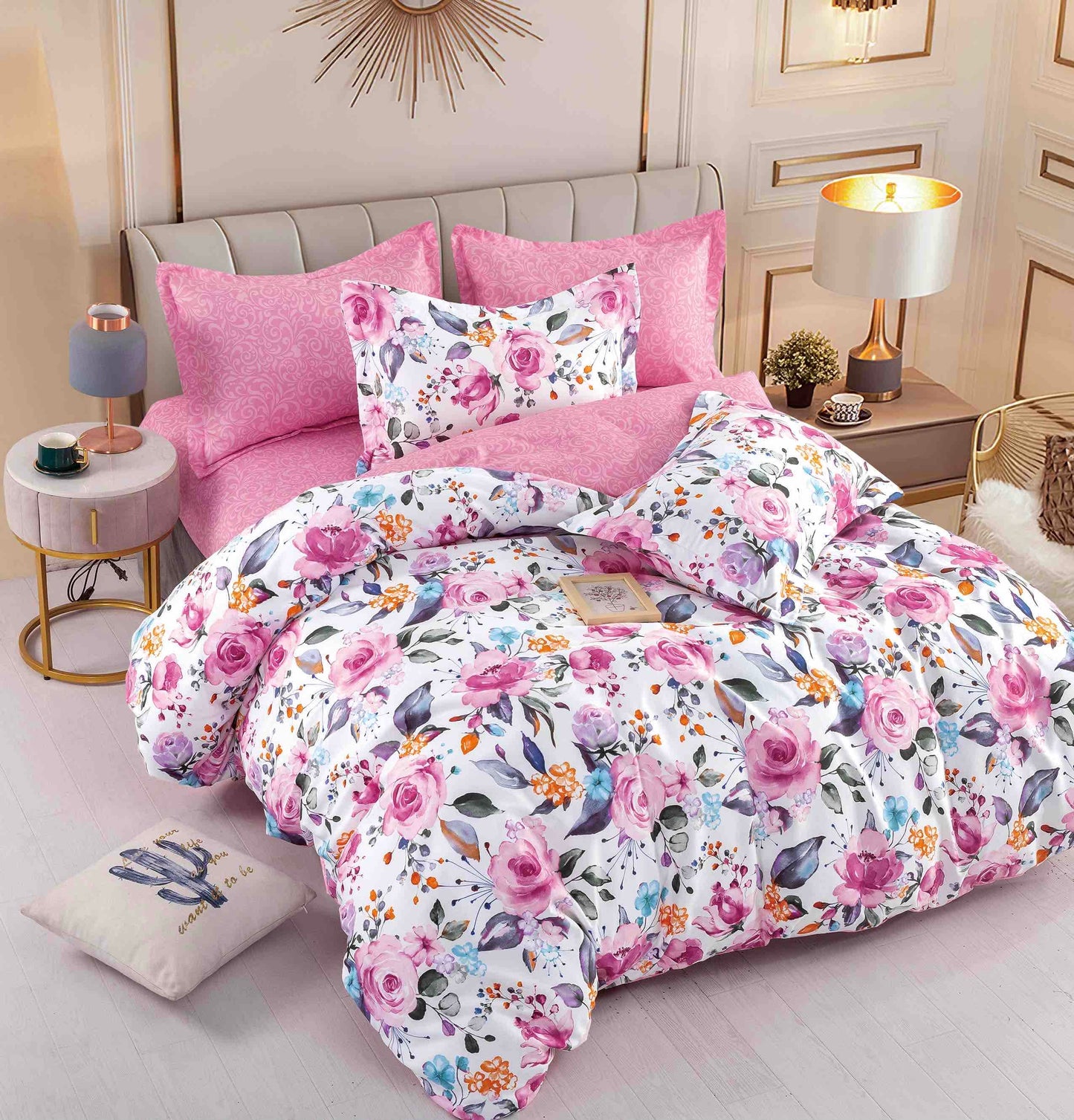 Lenjerie de pat dublu, Jojo-Home, cearsaf normal sau cu elastic, bumbac finet , 6 piese, Model Roz FLORAL ,COD OFF039