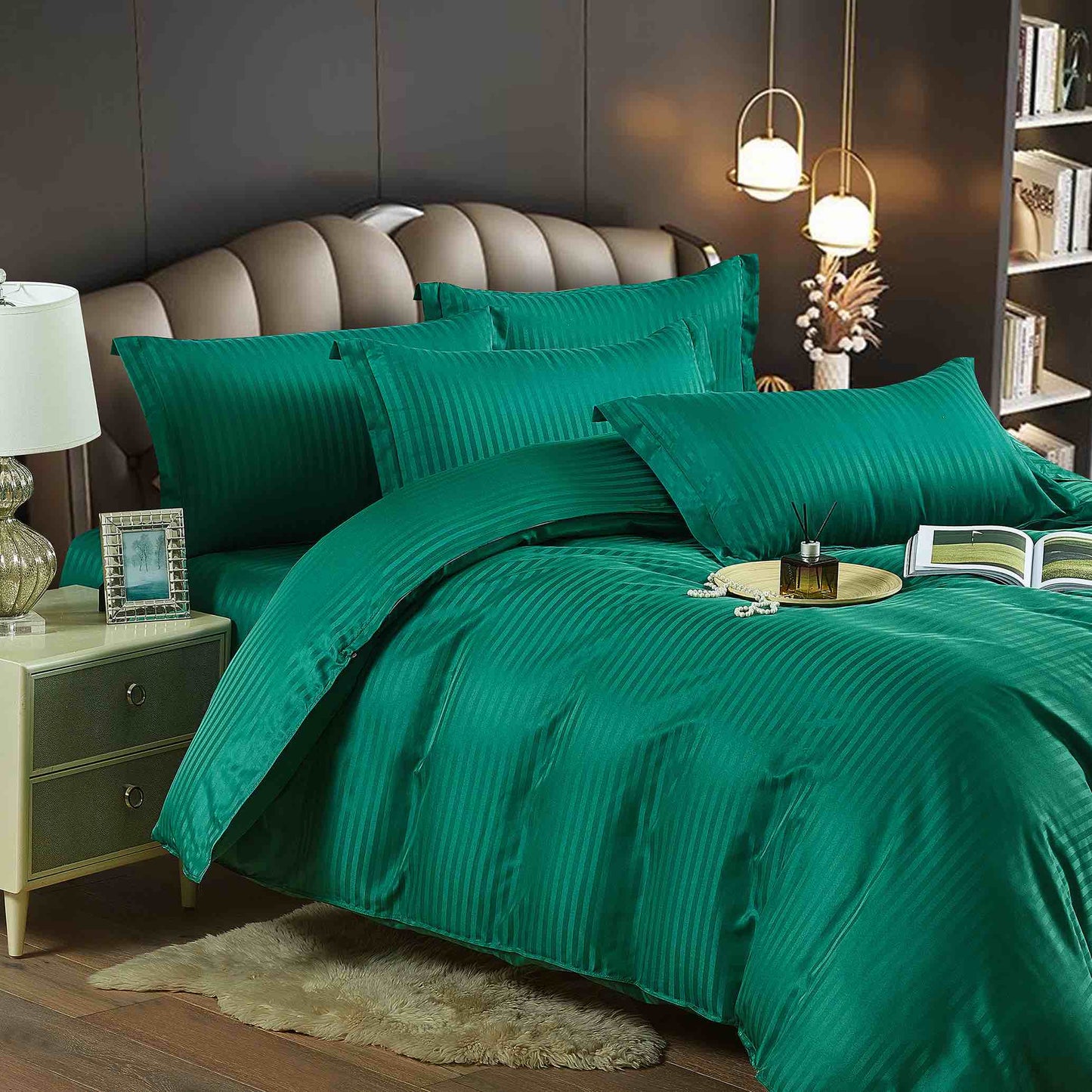 Lenjerie de pat dublu Model Damasc, cearceaf cu elastic ,Bumbac finet , 6 piese , Verde Smarald, DAM022