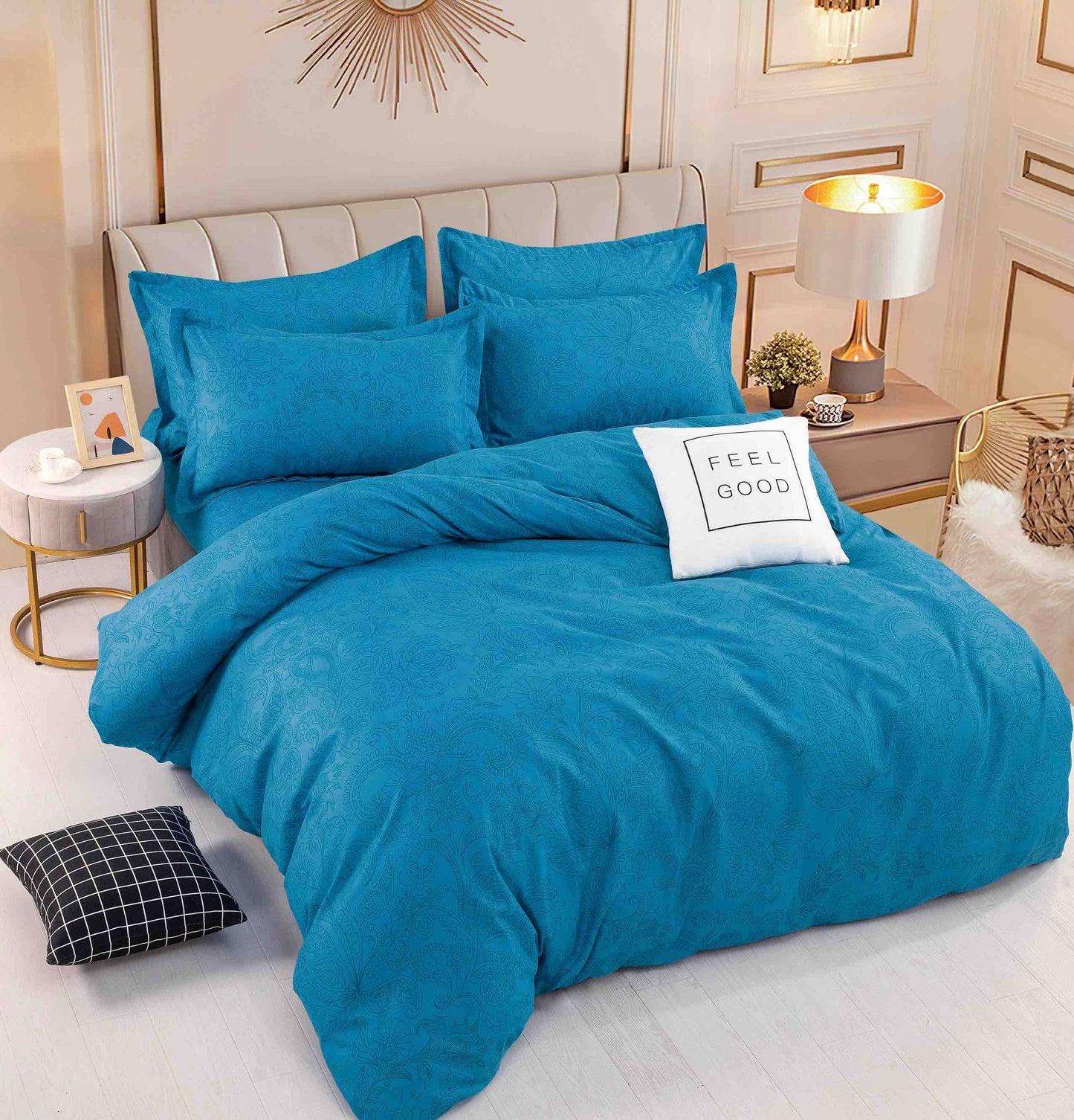 Lenjerie de pat dublu , cearceaf elastic, Bumbac finet,6 piese, ALBASTRU, COD OFF028