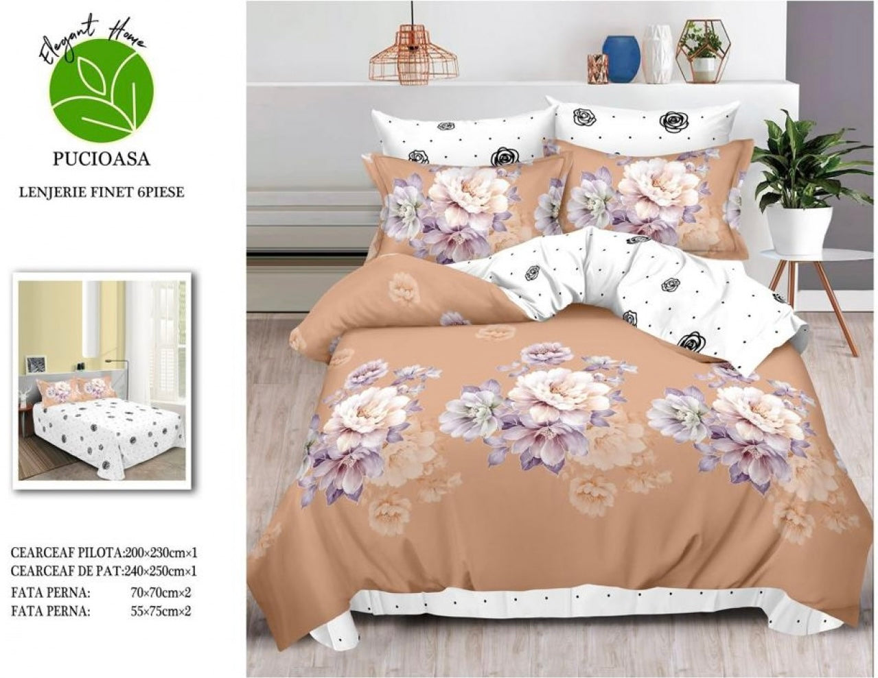 Lenjerie de pat dublu Pucioasa, cearceaf normal, 6 piese, Alb-maro Floral, LJP34