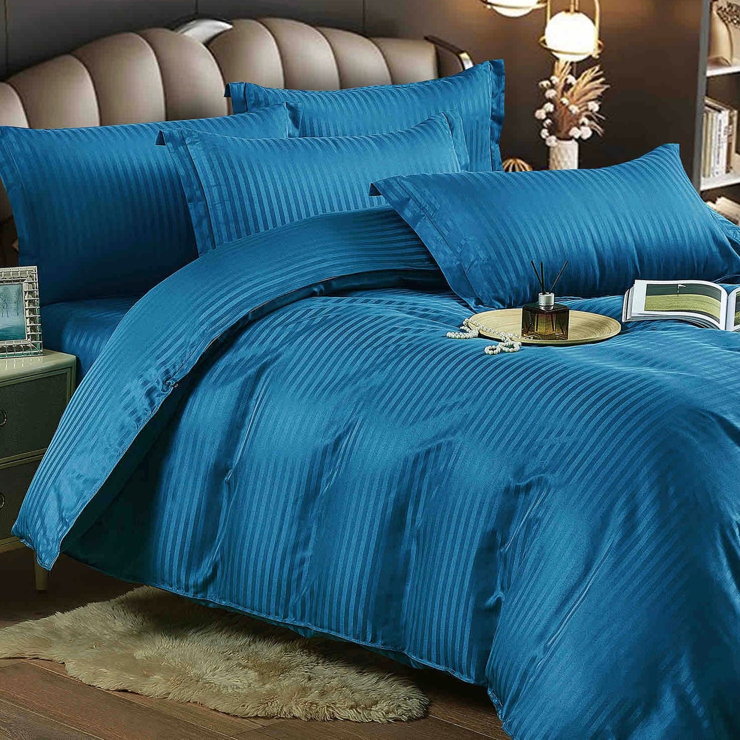 Lenjerie de pat dublu Model Damasc , cerceaf cu elastic ,Bumbac finet , 6 piese , Albastru , DAM011