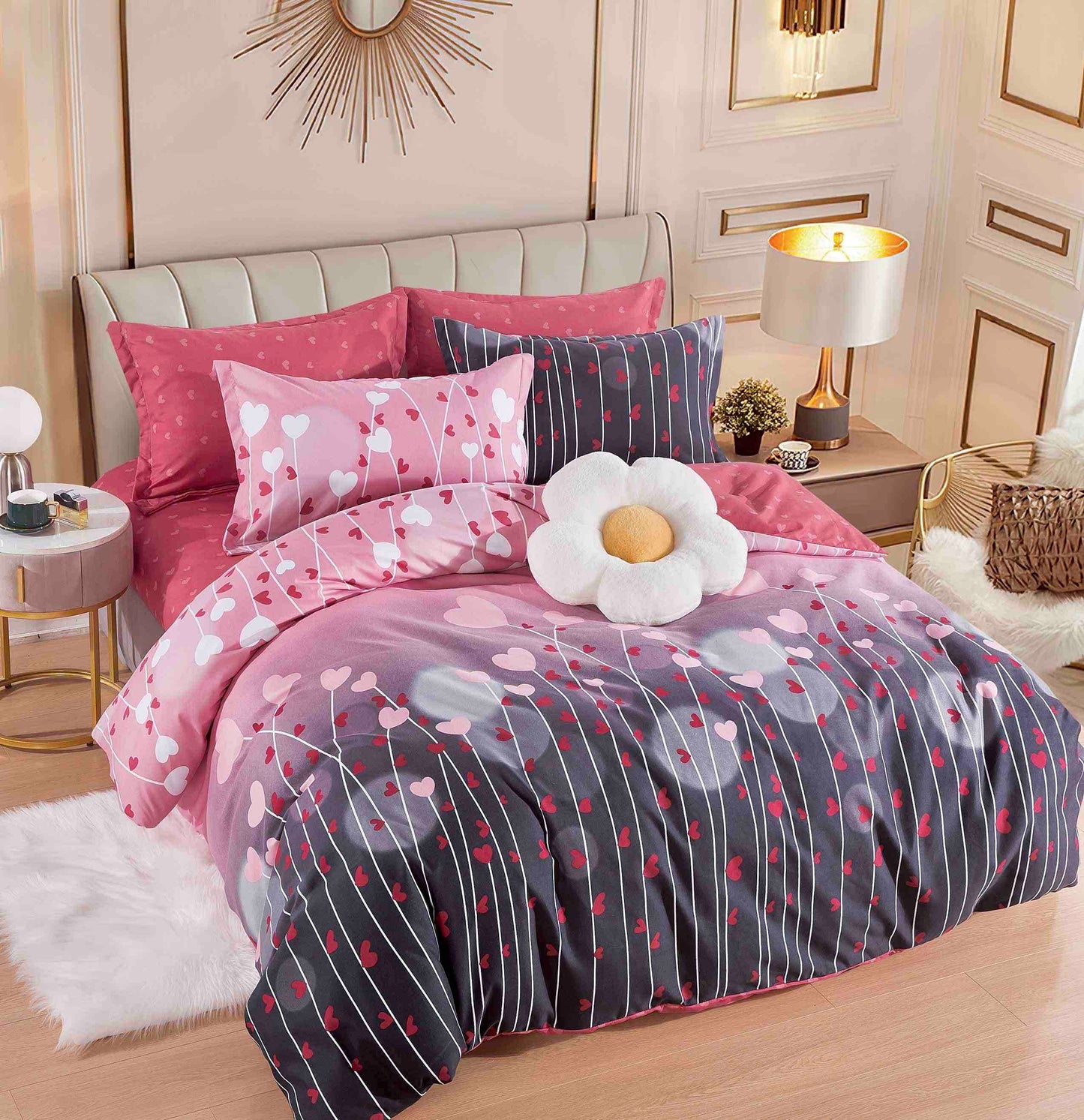 Lenjerie de pat dublu, Cearceaf normal, Bumbac, 6 piese ,Model Inimi, COD LFF06