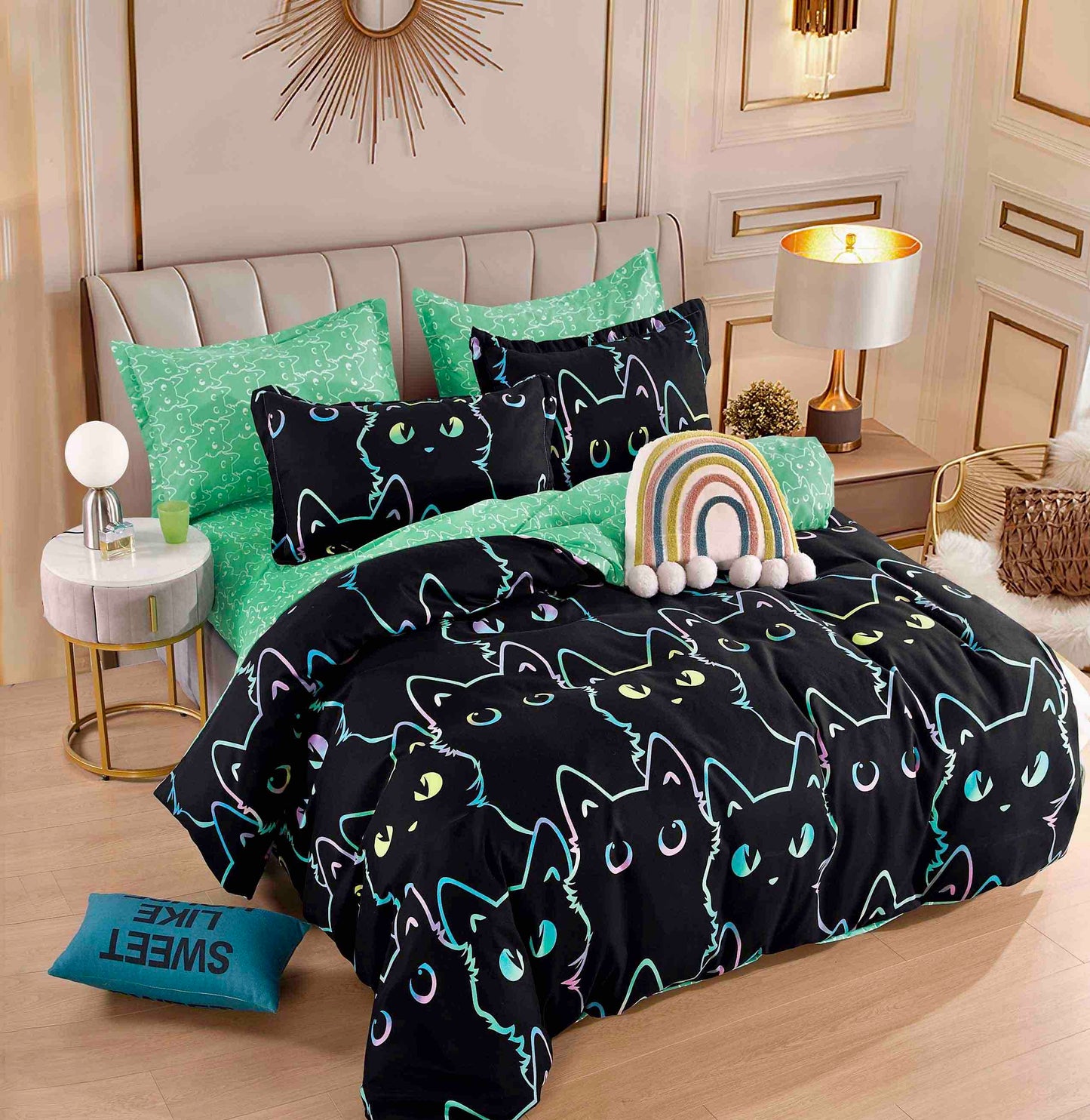 Lenjerie de pat dublu, cearsaf elastic, Bumbac , 6 piese, Verde-Negru, OFF064