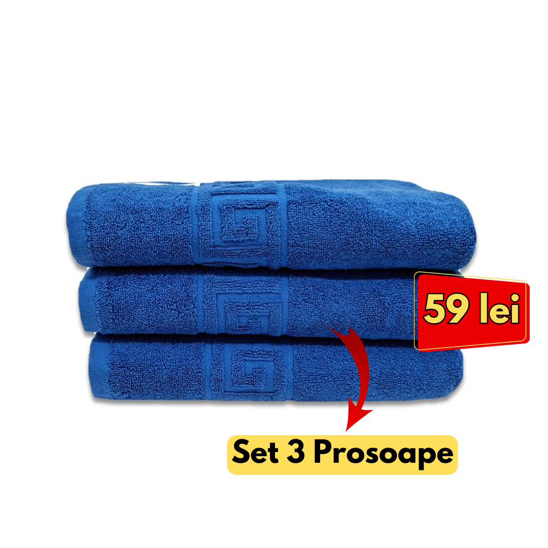 Set 3 Prosoape baie Premium Hotel ,Model Greek Border 500g, Bumbac 100%, Albastru