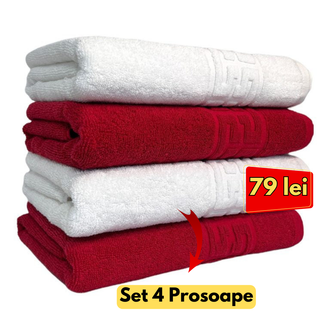 Set 4 Prosoape baie Premium Hotel ,Model Greek Border 500g, Bumbac 100%, Alb /Rosu