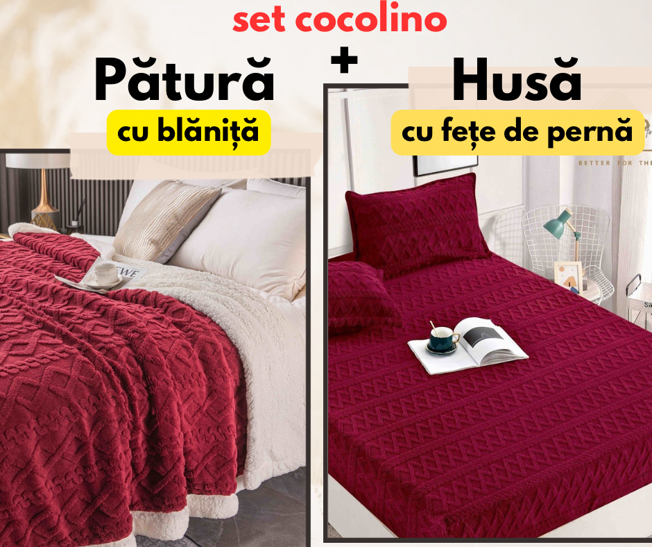 Set de pat dublu Cocolino , Husă cu elastic + pătură cu blăniță + fețe de pernă, Model Tricot, Rosu, SET05