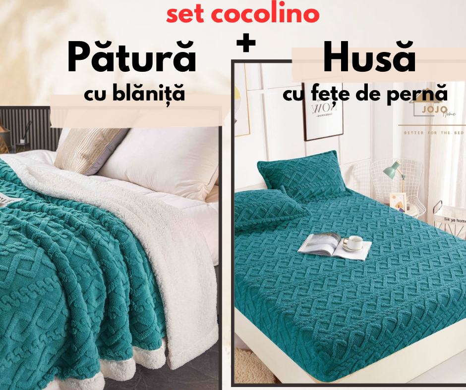 Set de pat dublu Cocolino , Husă cu elastic + pătură cu blăniță + 2 fețe de pernă, Model Tricot, Turcoaz, SET01