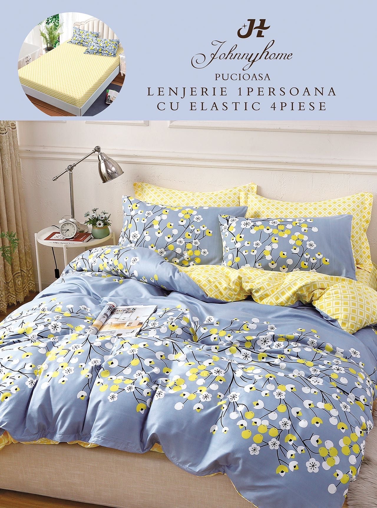 Lenjerie de pat, 1 persoana, Bumbac Finet, 4 piese, Cearceaf cu Elastic , LPE15