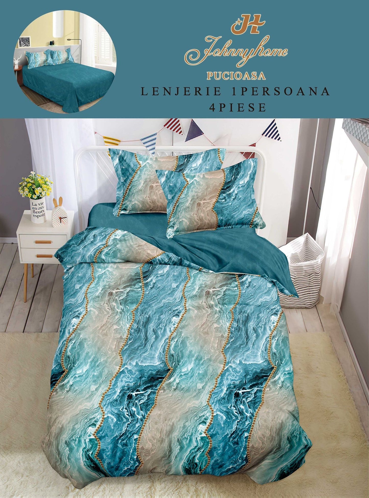 Lenjerie de pat 1 persoană , Bumbac finet, 4 piese, Bicolora, LOP34