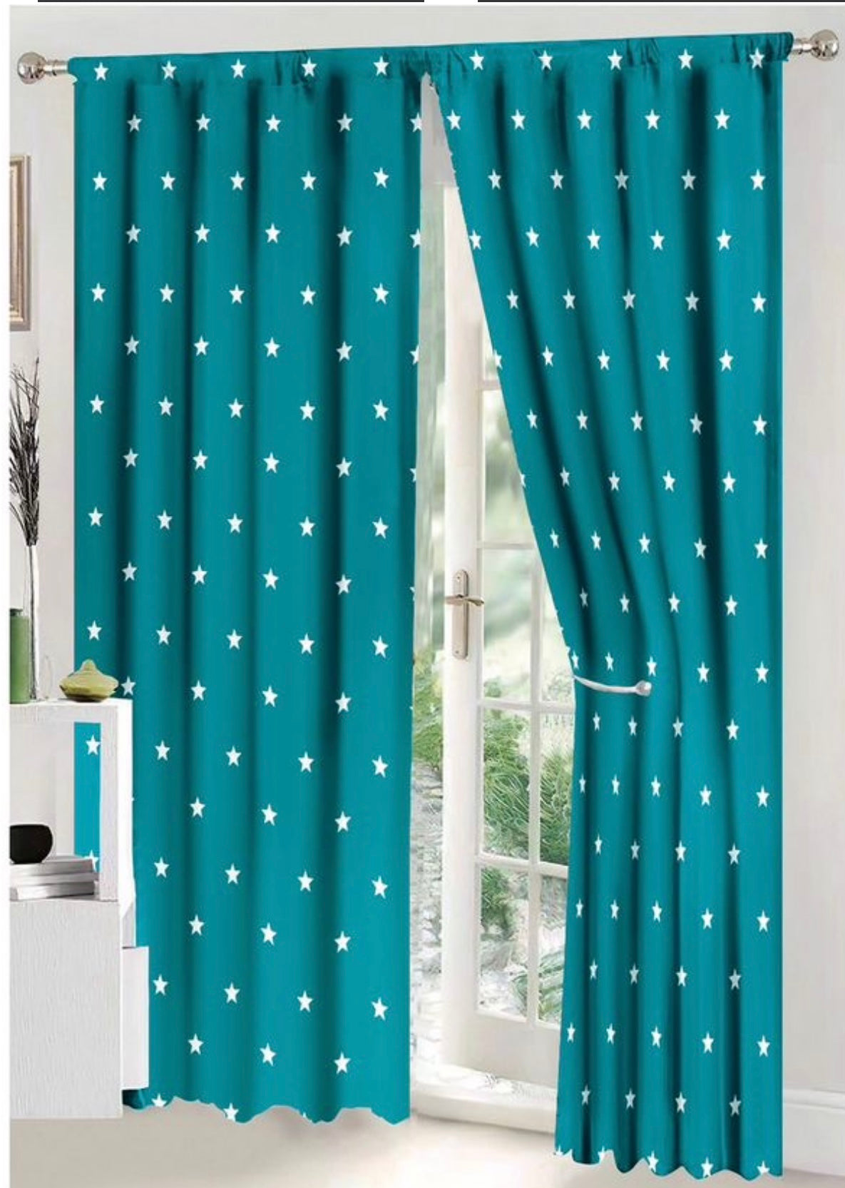 Set Lenjerie de pat Dublu + Draperii , set 8 piese, Alb-Turcoaz, LDP09