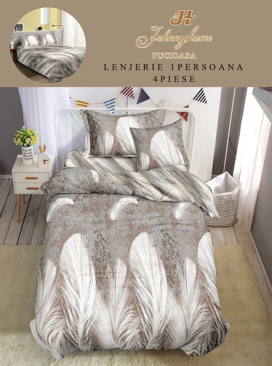 Lenjerie de pat 1 persoană , Bumbac finet, 4 piese, Alb-Gri, LOP37