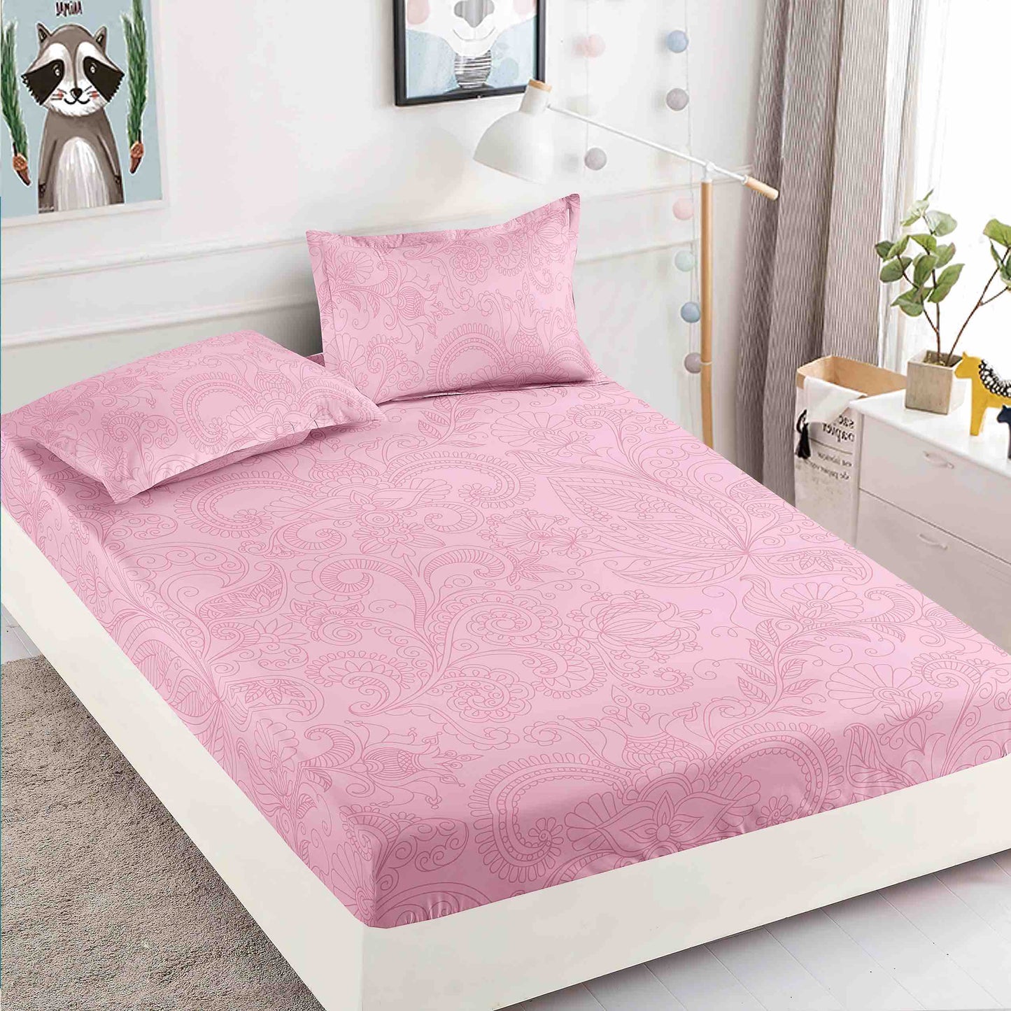 Husa de pat dublu cu elastic + 2 fețe de pernă Bumbac, Roz , HBF053