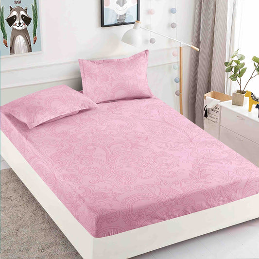 Husa de pat dublu cu elastic + 2 fețe de pernă Bumbac, Roz , HBF053