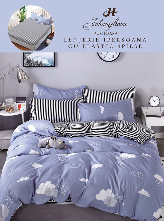 Lenjerie de pat, 1 persoana, Bumbac Finet, 4 piese, Cearceaf cu Elastic , LPE19