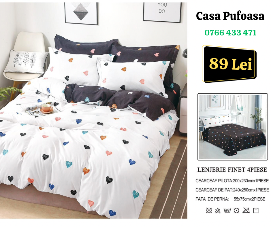 Lenjerie de pat dublu Finet , 4 piese , inimi multicolor
