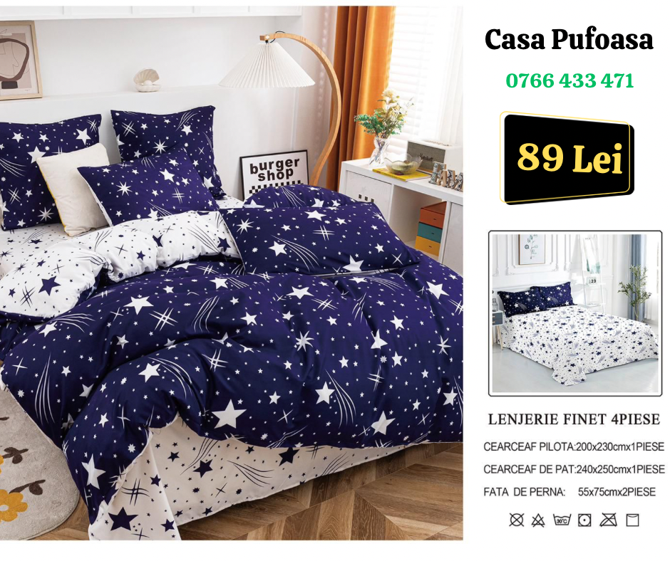 Lenjerie de pat dublu Finet , 4 piese , stelute abastru/alb