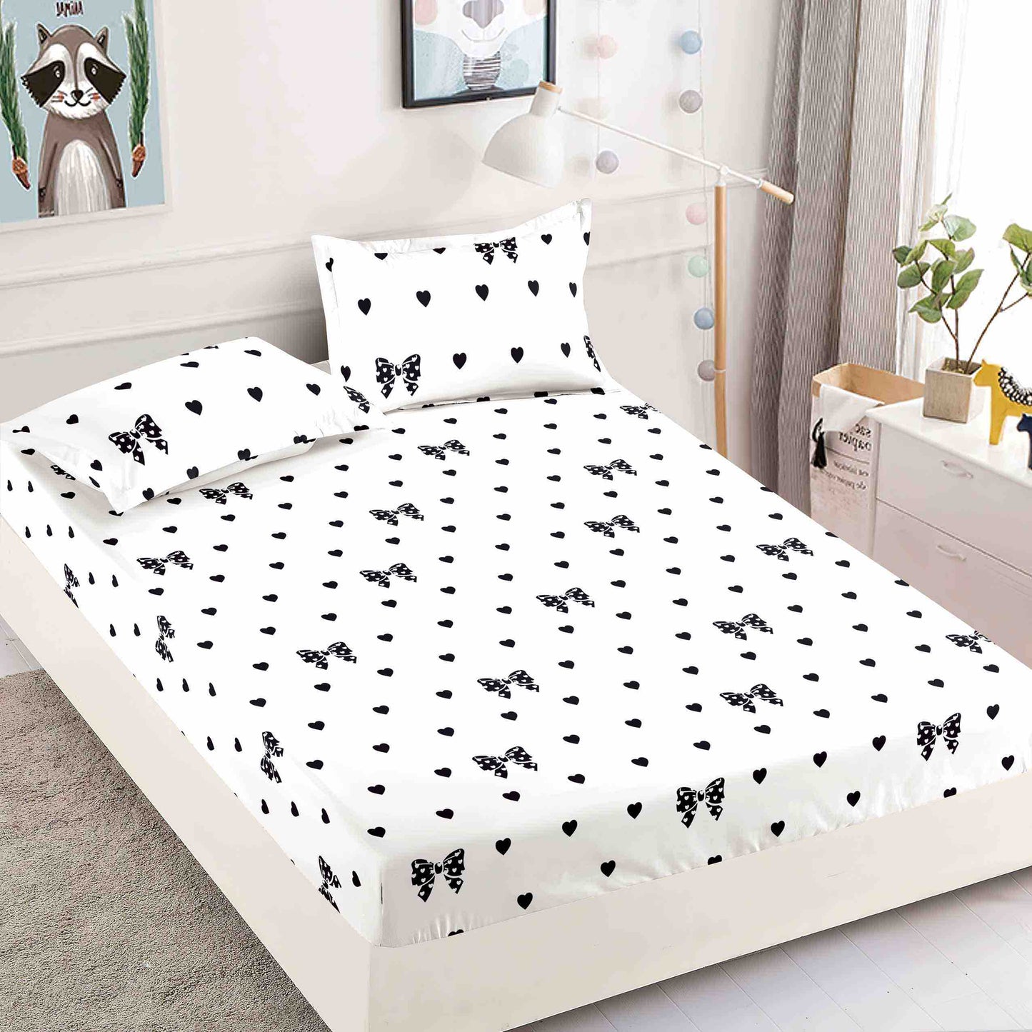 Set 3 piese, Husa de pat cu elastic din Bumbac Finet, 2 Fete de Perna, Pat 1 Persoana, 90x200, HJP21
