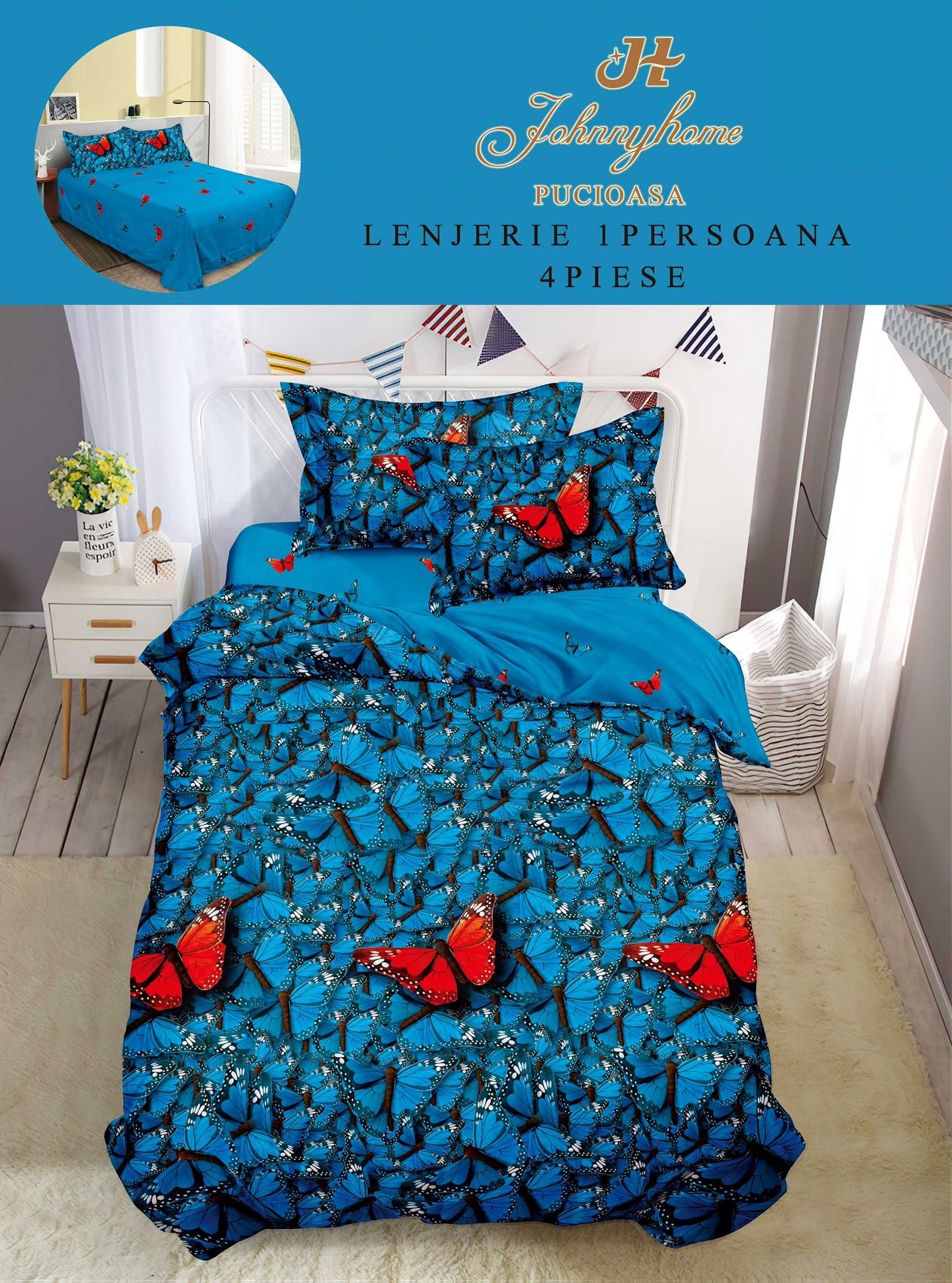 Lenjerie de pat 1 persoană , Bumbac finet, 4 piese, Albastru Fluturi, LOP36