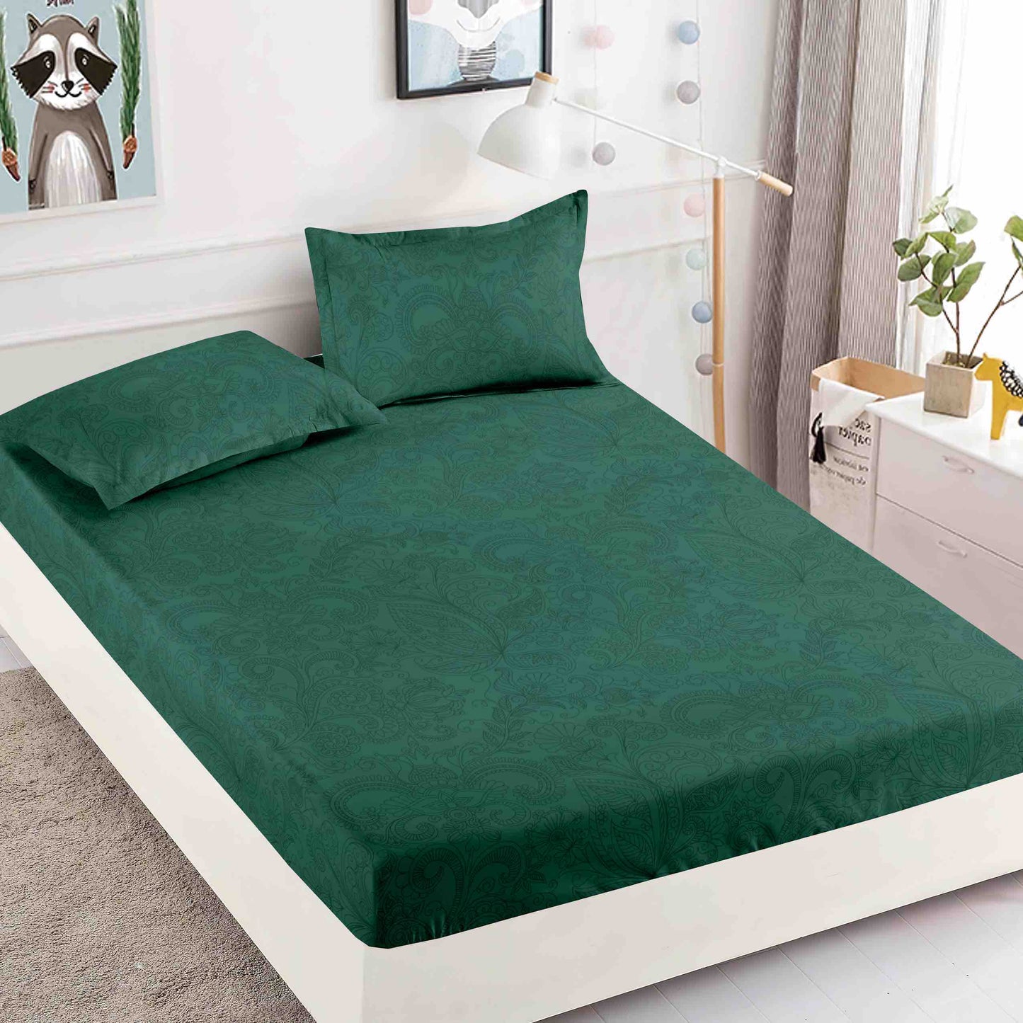 Set 3 piese, Husa de pat cu elastic din Bumbac Finet, 2 Fete de Perna, Pat 1 Persoana, 90x200, HJP17