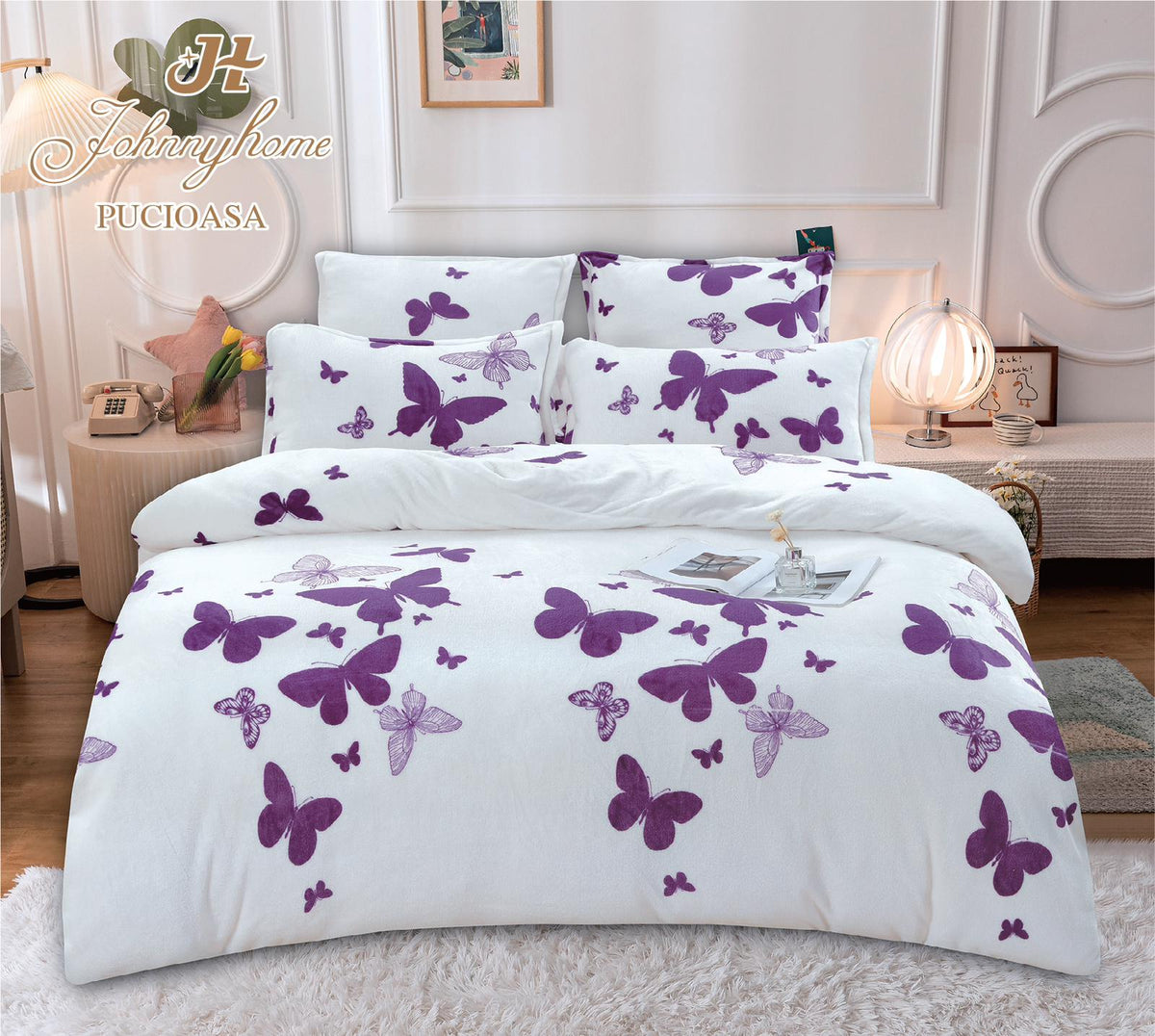 Lenjerie pat dublu Cocolino, 6 piese, super pufoasa, Gri, Alb, fluturi mov, LC15