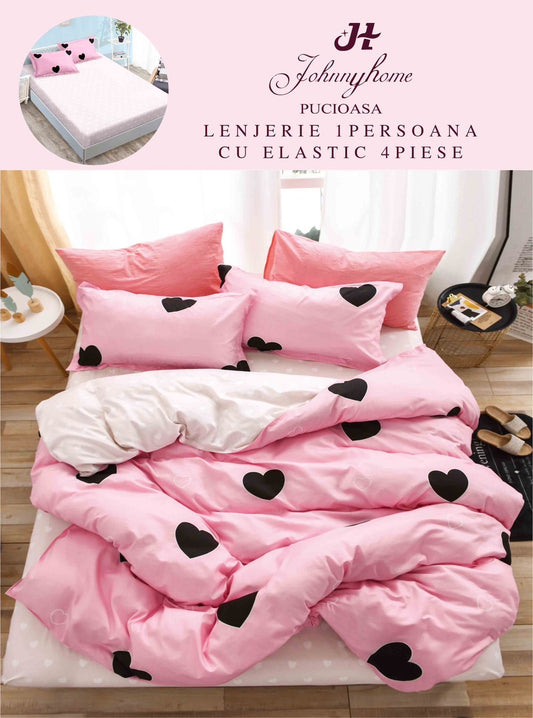 (Copy) Lenjerie de pat, 1 persoana, Bumbac Finet, 4 piese, Cearceaf cu Elastic, Roz, LPE22