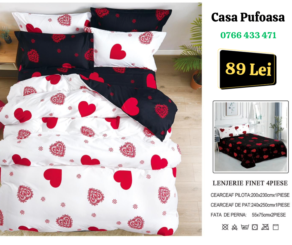 Lenjerie pat dublu Finet , 4 piese , inimi