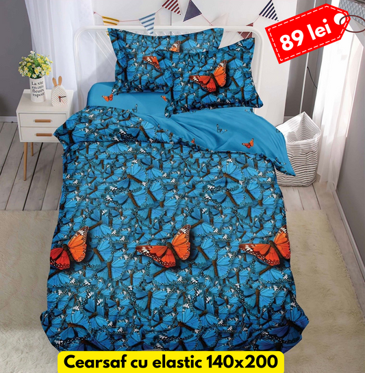 Lenjerie de pat, 1 persoana, Bumbac Finet, 4 piese, Cearceaf cu Elastic, LPE44