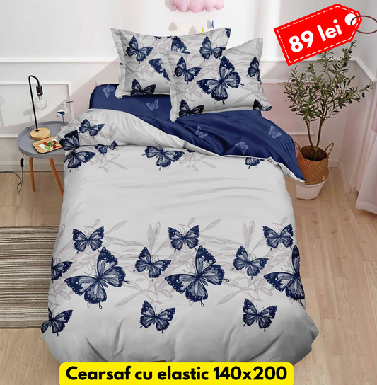 Lenjerie de pat, 1 persoana, Bumbac Finet, 4 piese, Cearceaf cu Elastic, LPE37