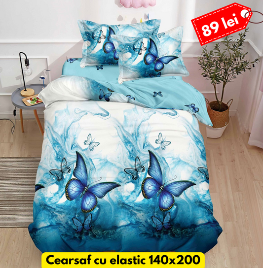 Lenjerie de pat, 1 persoana, Bumbac Finet, 4 piese, Cearceaf cu Elastic, LPE36