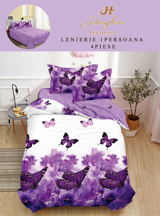 Lenjerie de pat 1 persoană , Bumbac finet, 4 piese, Mov Fluturi, LOP44