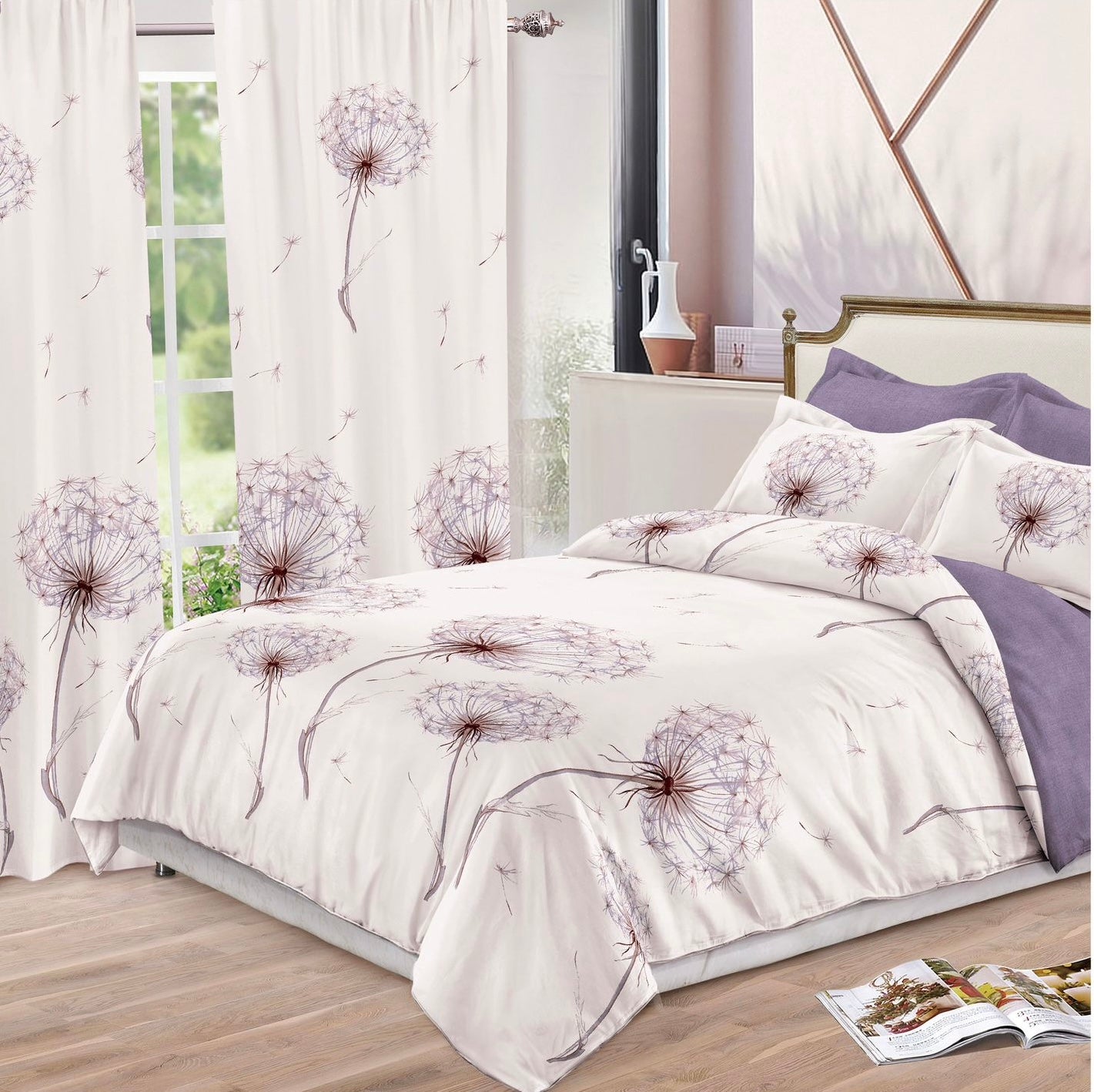 Set Lenjerie de pat Dublu + Draperii , set 8 piese, Alb-Mov , LDP02