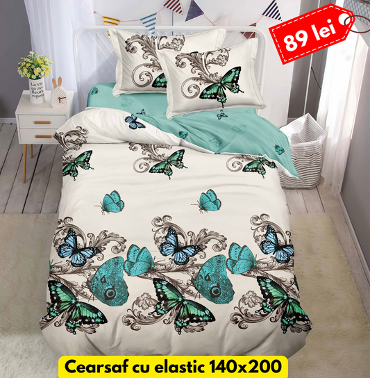Lenjerie de pat, 1 persoana, Bumbac Finet, 4 piese, Cearceaf cu Elastic, LPE43