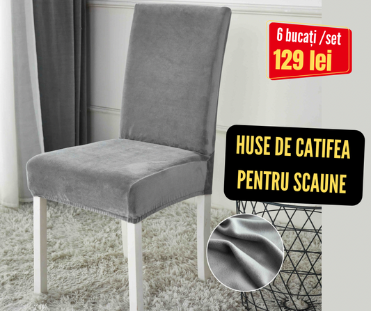Set 6 huse scaune Catifea, cu elastic, Gri, HSC22