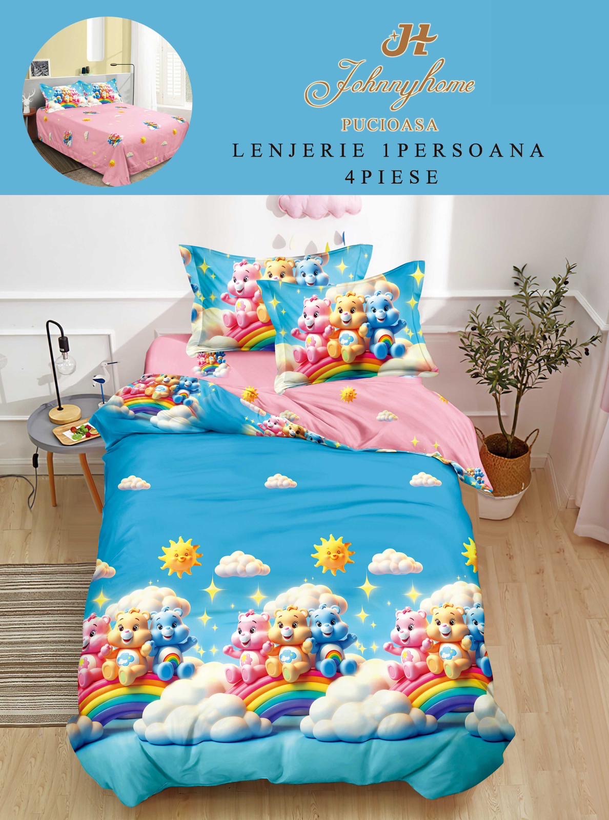 Lenjerie de pat 1 persoană , Bumbac finet, 4 piese, Roz-albastru Ursuleti, LOP38