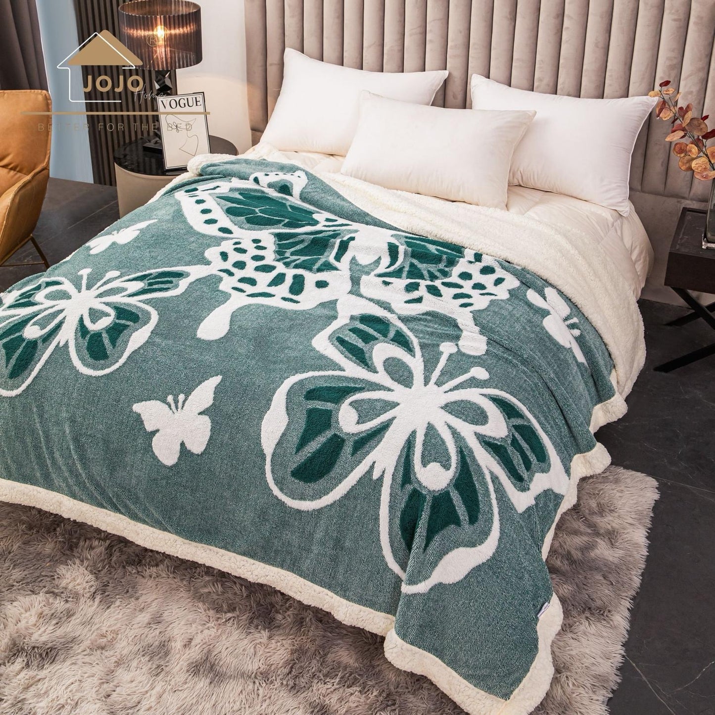 Patura groasa Cocolino cu blăniță, 200x230, Model Fluturi 3D, Verde, cod PTR12