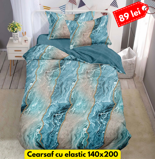 Lenjerie de pat, 1 persoana, Bumbac Finet, 4 piese, Cearceaf cu Elastic, LPE45