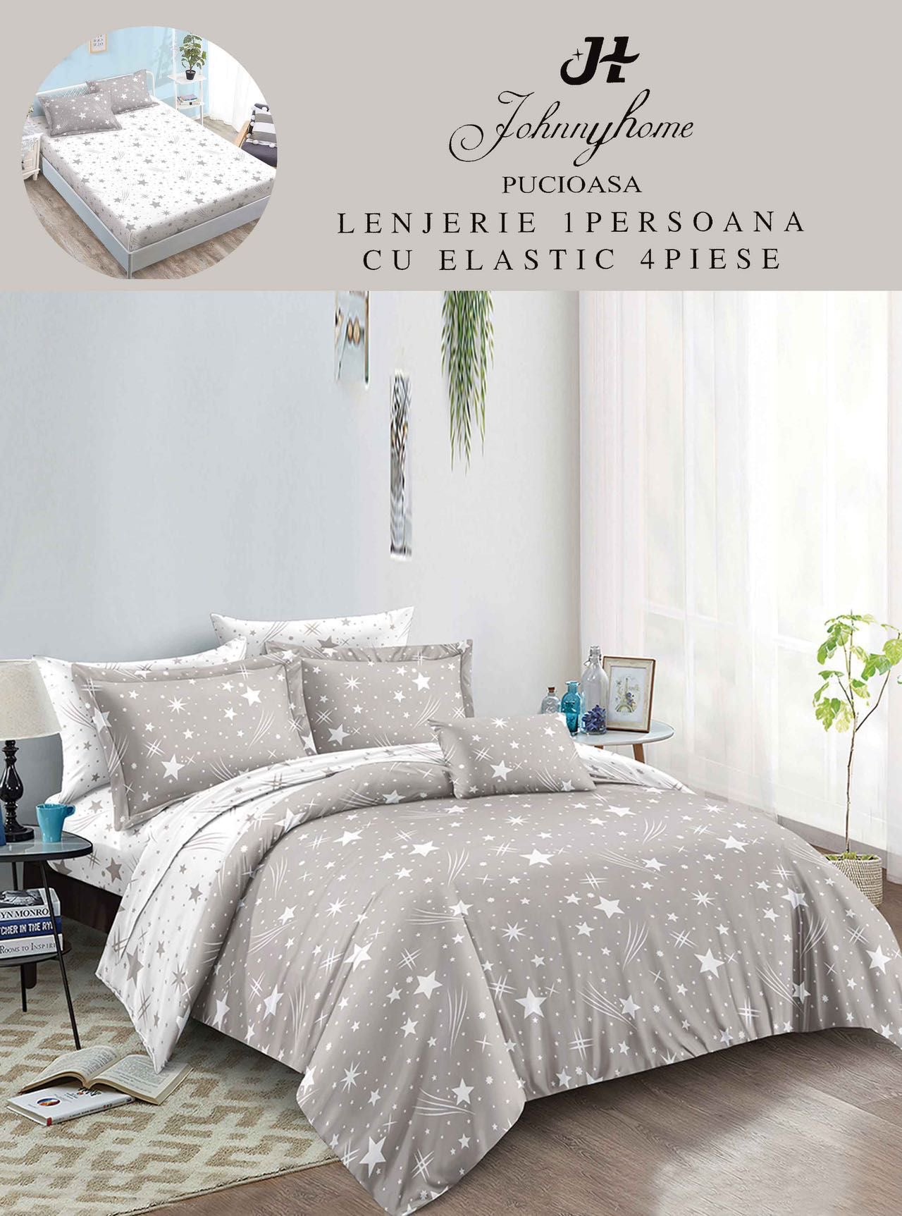 Lenjerie de pat, 1 persoana, Bumbac Finet, 4 piese, Cearceaf cu Elastic , LPE16