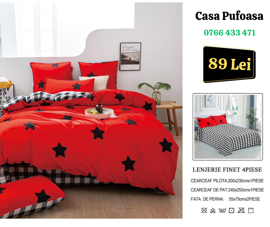 Lenjerie de pat dublu Finet , 4 piese , Rosu steluțe