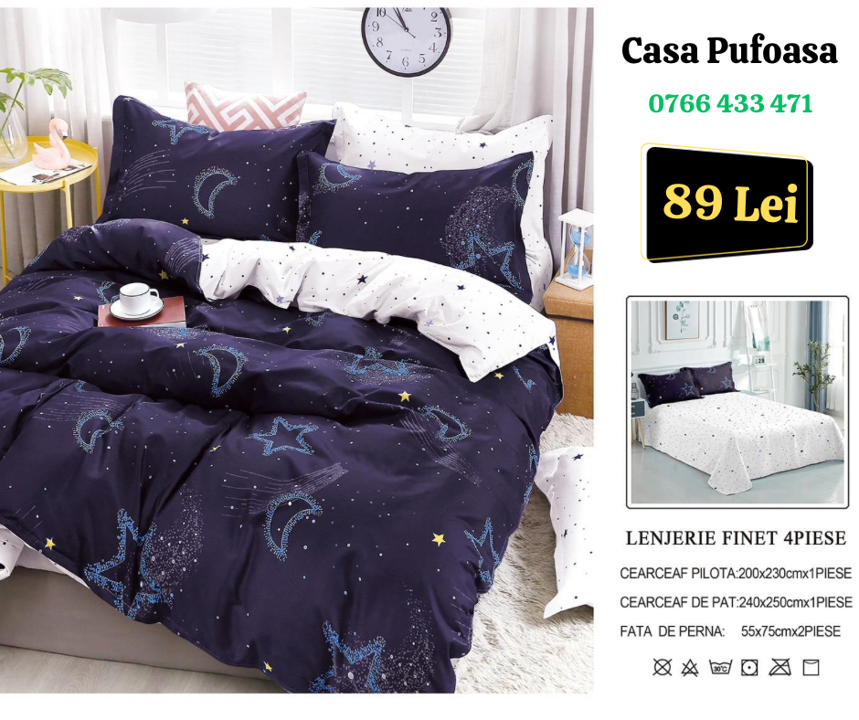 Lenjerie de pat dublu Finet , 4 piese , Albastru inchis