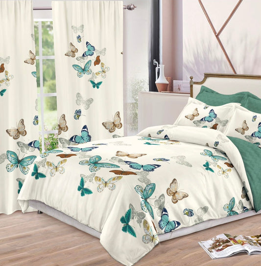 Set Lenjerie de pat Dublu Pucioasa + Draperii , set 8 piese, Fluturi, LDP04