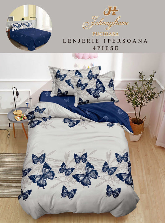 Lenjerie de pat 1 persoană , Bumbac finet, 4 piese, Gri-albastru Fluturi, LOP39
