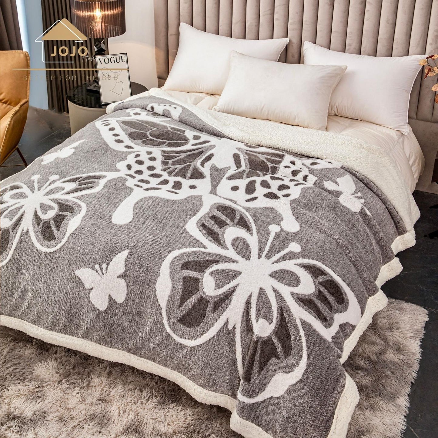 Patura groasa Cocolino cu blăniță, 200x230, Model Fluturi 3D, Gri, cod PTR14