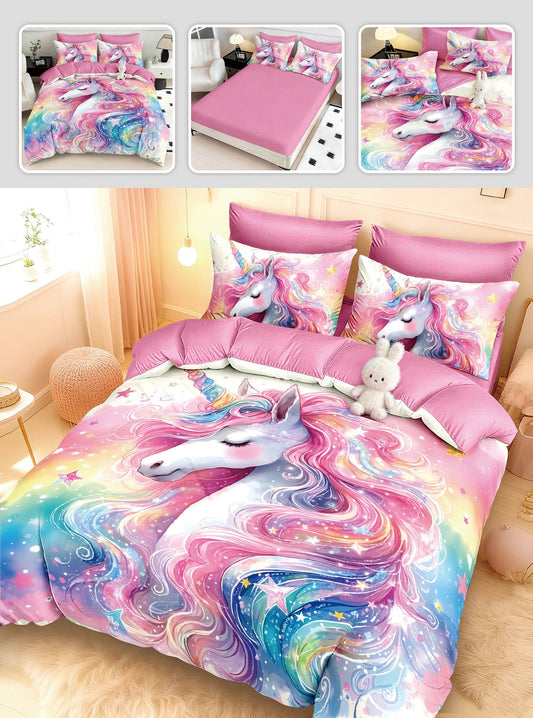 Lenjerie pat dublu 5D, cearsaf cu elastic, Bumbac Finet, 6 piese, Roz, unicorni, LD31