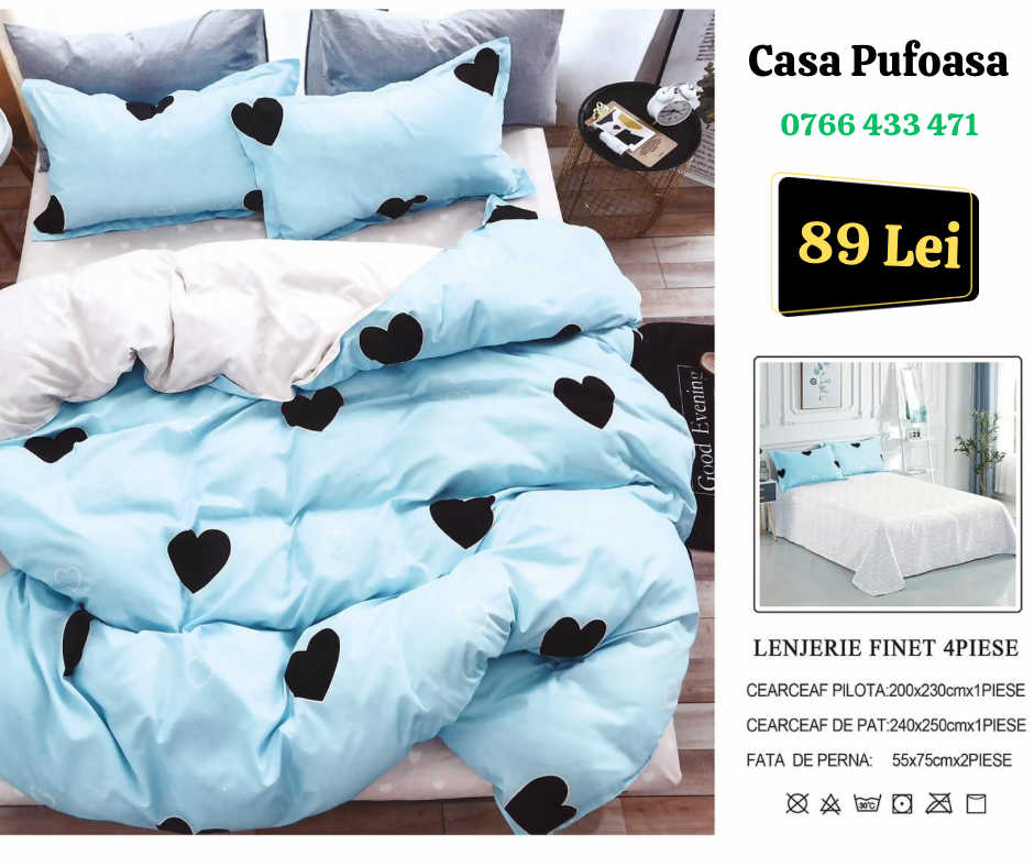 Lenjerie de pat dublu Finet , 4 piese , Inimi/Bleu