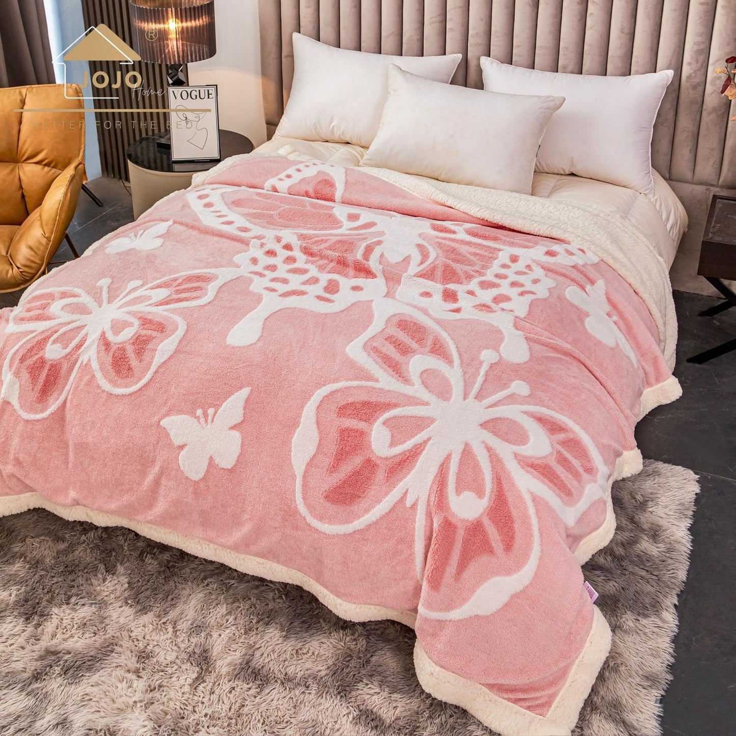 Patura groasa Cocolino cu blăniță, 200x230, Model Fluturi 3D, Roz, cod PTR17