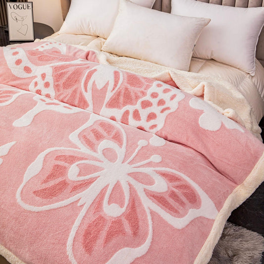 Patura groasa Cocolino cu blăniță, 200x230, Model Fluturi 3D, Roz, cod PTR17