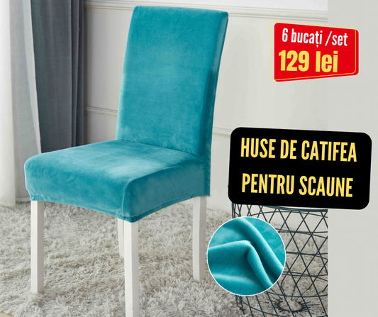 Set 6 huse scaune Catifea, cu elastic, Turcoaz, HSC19