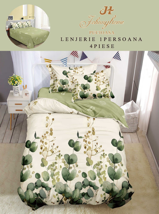 Lenjerie de pat 1 persoană , Bumbac finet, 4 piese, Verde Floral, LOP42