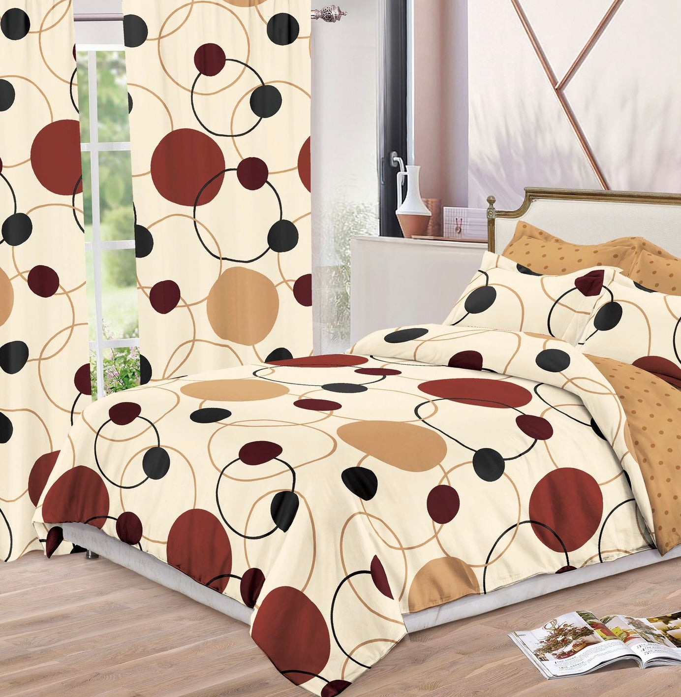 Set Lenjerie de pat Dublu Pucioasa + Draperii , set 8 piese, Buline, LDP14