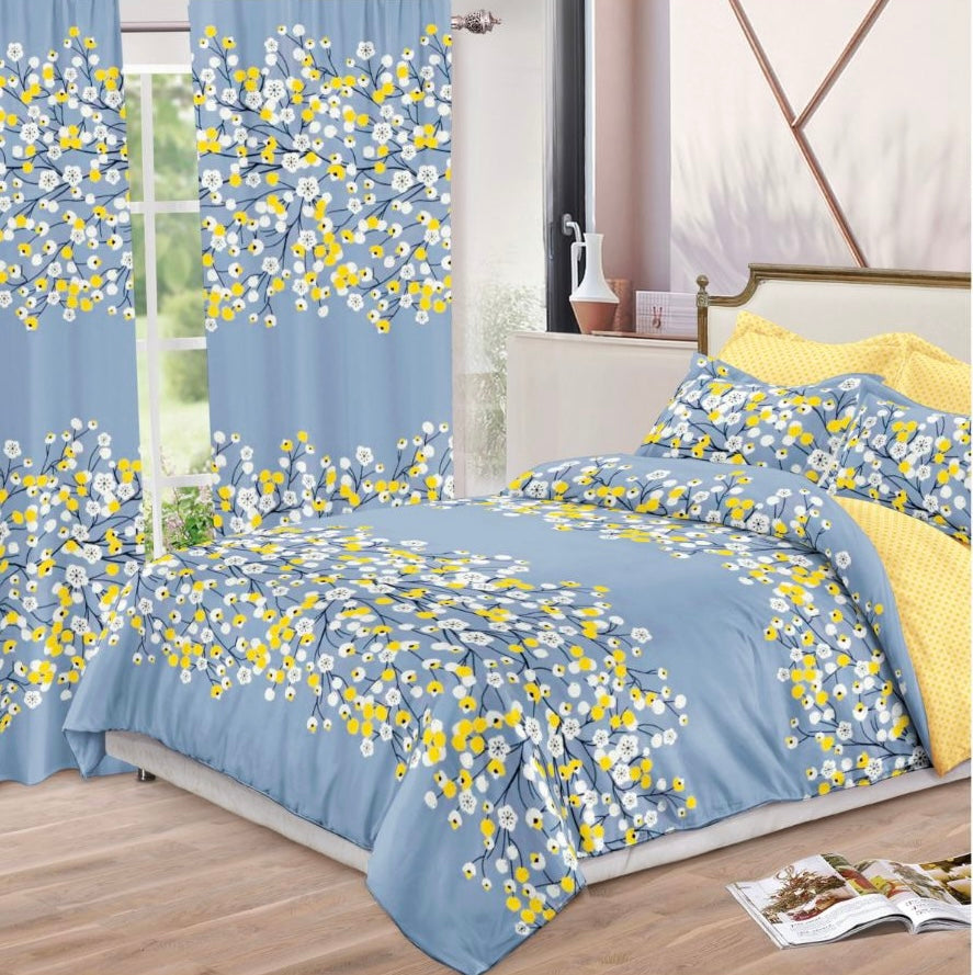 Set Lenjerie de pat Dublu + Draperii , set 8 piese, Galben-Turcoaz floricele , LDP05